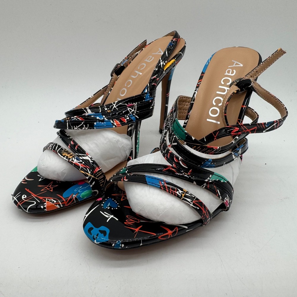 Aachcol Heeled Sandals Womens US 8.5 Black Multicolor Graffiti Strappy Stiletto